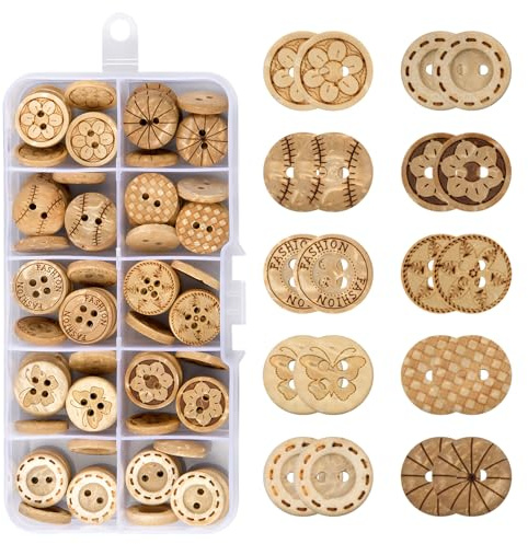 100 Stück 2/4 Löcher Holzknöpfe, Natur Kokosknöpfe, Runde, Handmade, Basteln Kinder, 15mm, Annähen, Sortiert, Verschiedene Muster