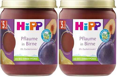 HiPP Bio Früchte Pflaume in Birne (6 x 160g), ab 5. Monat, ohne Zuckersatz, besonders intensiver Fruchtgeschmack, in bester Bio-Qualität. (Packung mit 2)
