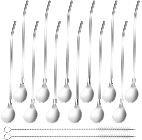 TIESOME 12 Stück Edelstahl Strohhalme mit Löffelende, 2-in-1 Strohhalm Löffel Inklusive 2 Reinigungsbürsten für Latte Macchiato, Cocktails & Milchshakes, Silber