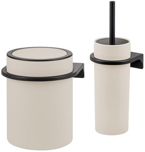 bremermann rundes 2tlg. Bad-Set Savona mit gummierter Softtouch-Oberfläche inkl. Wandhalterung zum Kleben oder Bohren, moderner Kosmetikeimer 5,5 Liter und WC-Garnitur aus Kunststoff (Beige)
