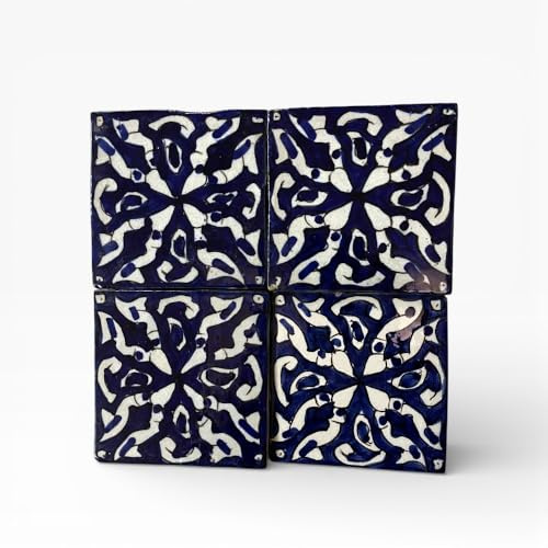 Piastrelle Marocchine Dipinte a Mano, Ceramica Artigianale Blu e Bianco, 10x10 cm, Set da 4 Pezzi, Decorazione Cucina e Parete
