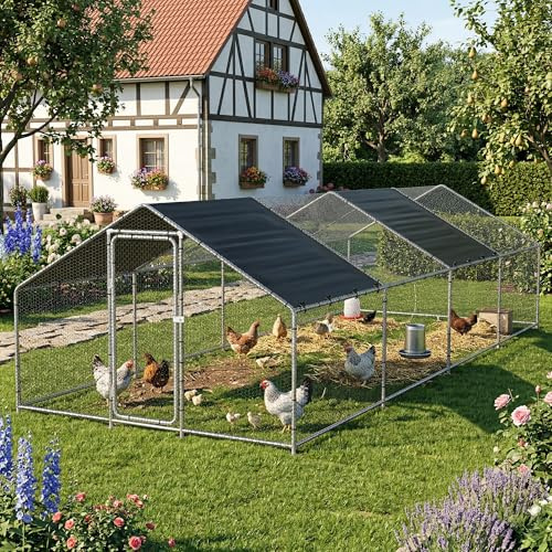 pro.tec Freilaufgehege Wels 3 x 8 x 2 m Hühnerstall Outdoor Gehege für draussen Voliere mit 2 Sonnendächern Aussengehege für Kaninchen mit Tür Metall Draht Silberfarben/Dunkelgrün