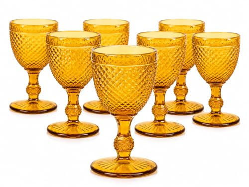 Genérico Juego de 6 Copas de Vino Vintage Ámbar, Vasos de Cristal Agua 300ml con Relieve Elegante, Juego Retro Amarillo para Vino, Cócteles y Bebidas, Aptos para Lavavajillas, Fiesta y Boda
