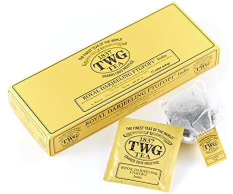 TWG Tea | Royal Darjeeling FTGFOP1 Tea | Schwarzer Tee | Reife Aprikosen | 15 Handgenähte Teebeutel aus Baumwolle | Geschenkset