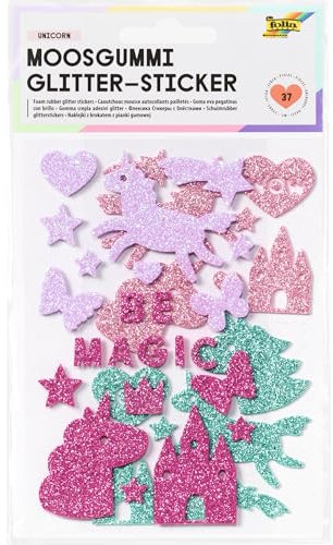 folia 23788 - Moosgummi Glitter Sticker, Unicorn, sortiert in 4 verschiedenen Farben, 37 Stück zum Verzieren und Dekorieren