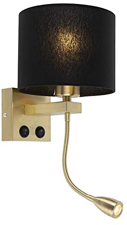 Qazqa - Art Deco Art Deco Wandlampe Gold I Messing mit schwarzem Schirm - Brescia I Wohnzimmer I Schlafzimmer - Stahl Rund - I E27