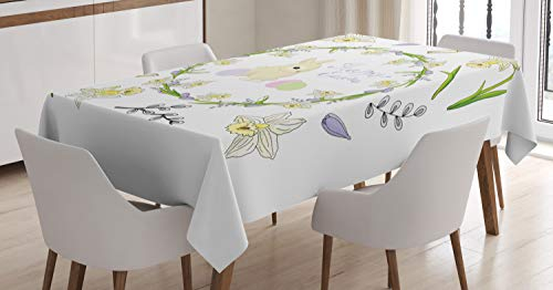 ABAKUHAUS Osterhase Tischdecke, Innocent Ostern Kunst, Personalisierter Druck mit Klaren Farben Waschbar Wasserfest kein Verblassen, 140 x 240 cm, Apfelgrün Lavendel-Blau Baby-Rosa und Creme