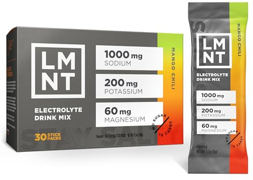 LMNT Lot de 30 paquets de poudre d'électrolyte cétogène | Poudre d'hydratation Paleo | Sans sucre, sans ingrédients artificiels | Piment mangue | Lot de 30 bâtonnets