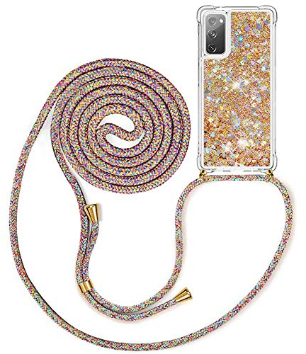 MXKOCO Handykette kompatibel mit Samsung Galaxy S20 FE Glitzer Flüssig Bewegende Treibsand Hülle mit Band Umhängetaschen+Hüllen mit Umhängeband Handykordel mit Schutzhülle Stylische Kette mit Hülle