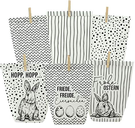 Papierdrachen 12 schwarz bedruckte Geschenktüten zu Ostern - weiße Tüten - Frohe Ostern - ideale Geschenkidee oder Oster Dekoration - mit Holzklammern | zum Basteln und Verschenken