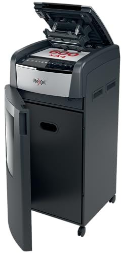 Rexel Optimum AutoFeed+ 600M Automatischer Aktenvernichter, 600 Blatt automatisch, Sicherheitsstufe P5, Mikroschnitt, für große Büros, 110 Liter Abfallbehälter, mit Lenkrollen, 2020600MEU