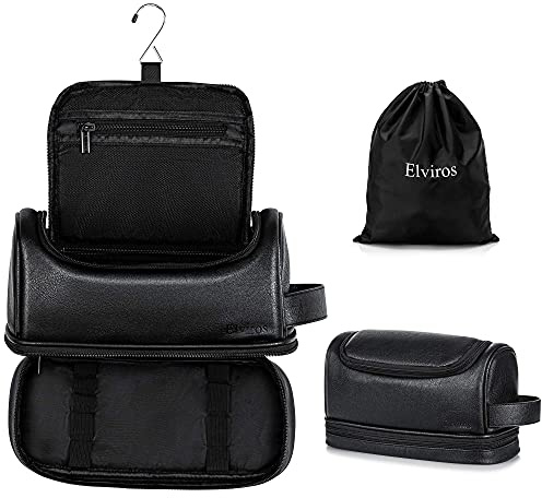Elviros Kulturbeutel für Damen und Herren mit großem Fassungsvermögen, mit Haken, Kosmetiktasche mit wasserdichtem PU-Kunststoff, mit wasserdichter Tasche, Schwarz, 30.5 x 17 x 18 cm
