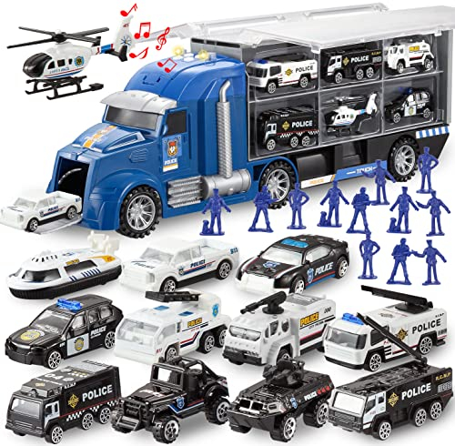 JOYIN Ensemble de Jouets de Camion de moulé sous Pression 25 en 1, Ensemble de véhicules de Jeu dans Un Camion Porteur, Cadeaux d'anniversaire pour Enfants (Voitures de Police)