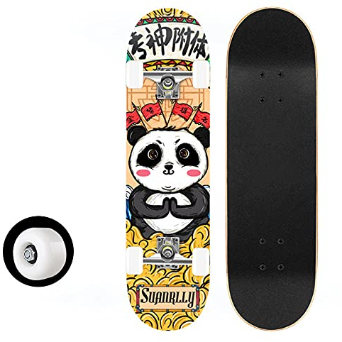 Skateboard Panda Süß Skateboard Kinder ab 8 Jahre 80x20cm 7-Lagigem Ahornholz Longboard Double Kick Komplett für Anfänger Jungen Mädchen Erwachsene Profi Penny Board