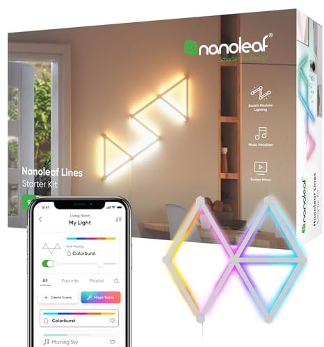 Nanoleaf Lines 60 Degrees Starter Kit, 9 Smart Light Bars LED RGBW - Backlit Modular Wi-Fi Colour Changing Wall Lights, Music & Screen Sync, Works with Alexa Google Assistant Apple Homekit, Room Decor