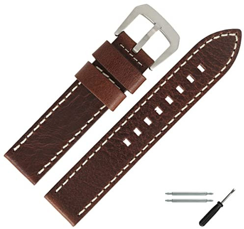 MARBURGER Uhrenarmband 20mm Leder Braun Silber Mit Naht - Montage Set 7812031000120