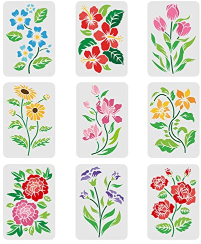 FINGERINSPIRE 9 Blumenschablonen zum Malen, 29,7 x 21 cm, Blumen- und Blätter-Zeichnungsschablone, Wiederverwendbare Blumenschablone, DIY-Schablonen zum Malen auf Holz, Boden, Wand und Fliesen