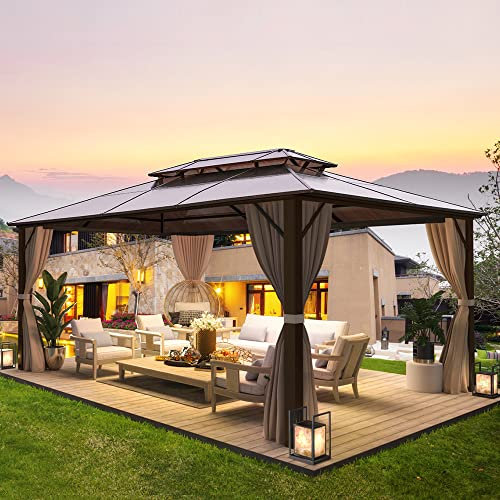 EROMMY Hardtop Gazebo 4 X 3 m Outdoor Double Polycarbonate Roof Gazebo Garden Pavilion Canopy with Nettings, Curtains and Aluminum Frames for Patio, Backyard and Lawn