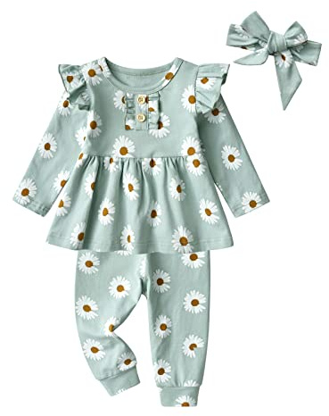 Joureker Toddler Baby Girl Clothes Outfits Long Sleeve Ruffle Tops with Print Flower + Pants 3Pcs Set