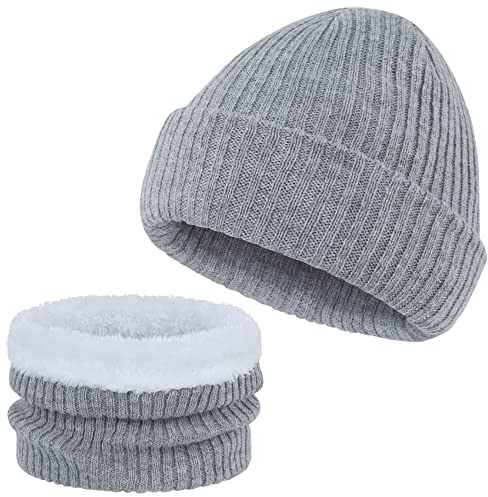 Durio Unisex Mütze Schal Set Junge Mädchen Warm Wintermütze Strickmütze Kindermütze Babymütze Hellgrau 2-8 Jahre (Tag Size M)