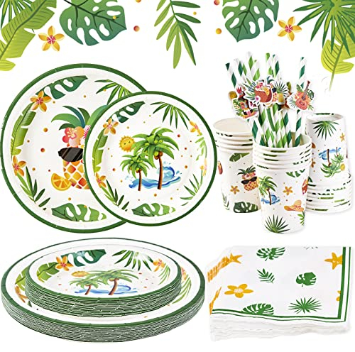 Sunbeauty 108 Unidades de Vajilla de Fiesta Hawaii – Accesorios de Fiesta de Verano con Platos de Papel, Vasos, Servilletas y Pajitas para Cumpleaños Infantiles, Decoración Hawaiana
