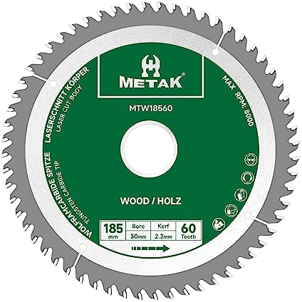 METAK - Lama per sega circolare da 185 x 30 mm, 60 denti, in metallo duro, per legno, compatibile con Metabo, Bosch e molte altre marche, lama da 185 mm, taglio preciso