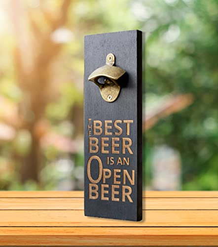 Magnetic Bottle Opener Wall Mounted Wooden Beer Opener with Saying, Beer King