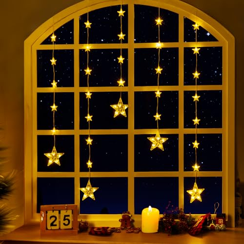 Ulinek 5+27 Sterne Lichtervorhang Fenster mit Batterie Timer, 52 LED Fensterdeko Weihnachtsdeko Innen Warmweiß, IP65 Lichterkette Außen mit Haken Weihnachtsbeleuchtung 8 Modi Sternenvorhang Tür Garten