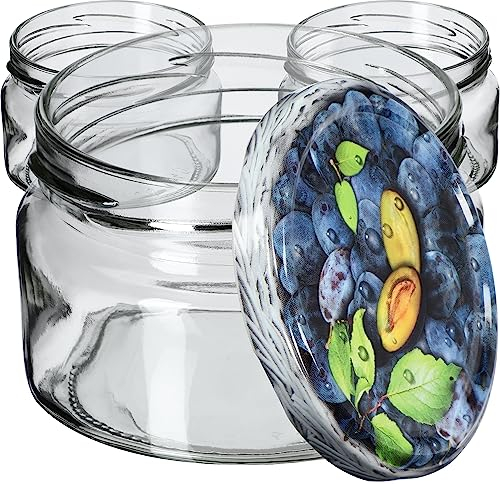 KADAX Lot de 10 bocaux à confiture avec couvercle Twist-Off fi82 - 250 ml - Hermétiques et lavables au lave-vaisselle - En verre épais - Choix de bouchons à visser (prunes)