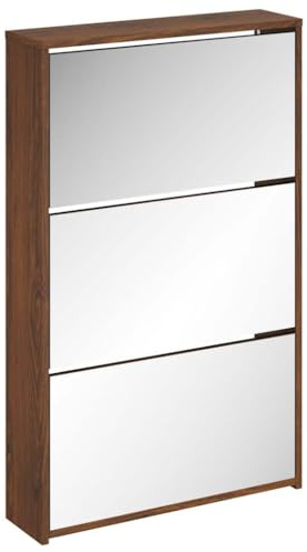 vidaXL Schuhschrank mit Spiegel 3 Fächer Schuhablage Schuhregal Schuhständer Schuhaufbewahrung Schuhkipper Schuhkommode Braun Eichen-Optik 63x17x102,5cm