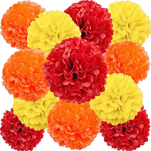 We Moment Zone 12 Stück Papier Pompons Set,Rot Orange Gelb Tissue Pom Poms Papier für Hochzeit,Geburtstag,Party- 30,5 cm, 25,4 cm