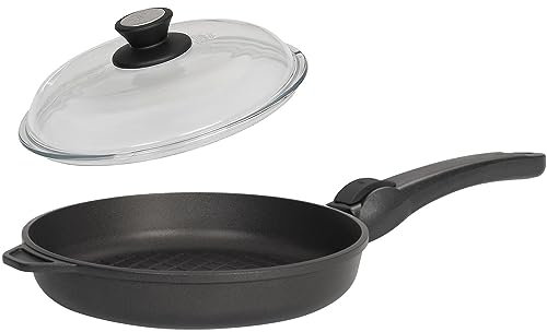 SKK Grill-Bratpfanne Ø 28 cm - ohne Induktion - runde beschichtete Aluguss BBQ Grillpfanne 2-tlg. Stiel abnehmbar & Glasdeckel - Made in Germany