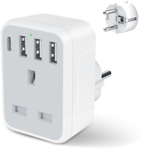 UK to European Travel Plug Adaptor,UK to EU Adapter with 3 USB A and 1 USB C Ports,5 in 1 EU Grounded Europe Power Euro Plug for Spain France Iceland Germany Greece Poland(Type E/F) Gray