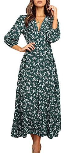 Women's 3/4 Sleeve Maxi Dress Button-Down Floral Print V-Neck Casual High Waist Boho Summer Flowy Split Long (Green, XL)