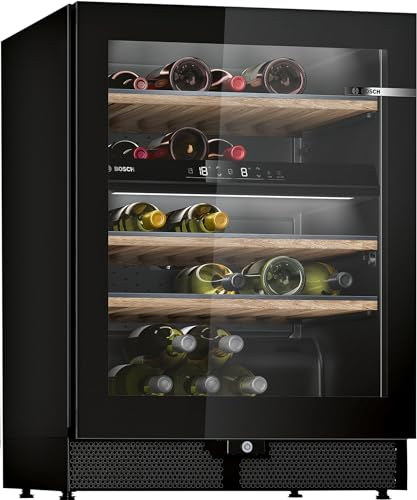 Bosch KWK16ABGB Serie 6 Weinkühlschrank, 81.8 x 60 cm, 44 Flaschen, Temperatur: 5-20 °C, zwei Temperaturzonen, 120 L, Zwei Temperaturbereiche; LED-Beleuchtung; Eichenregale und Teleskopauszug