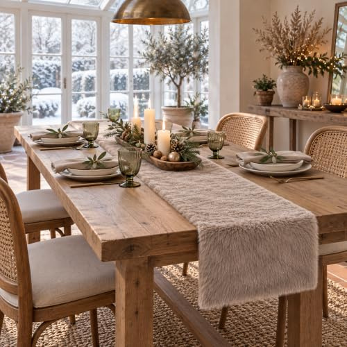 KAMACA Tischläufer 28×200 cm Kuschelfell in Lammfell-Optik Flauschiges Tischband Winter Weihnachten für Esstisch Sideboard Couchtisch weich zum individuellen Dekorieren (Tischläufer 28x200 cm Taupe)