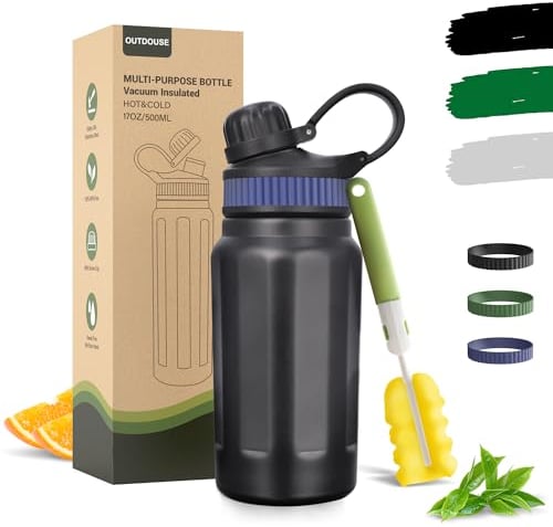 Thermoskanne&Kaltgetränkeflasche, Trinkflasche Edelstahl Thermo-Auslaufsichere Thermosflasche 500ml, 800ml mit Strohhal, 3 Austauschbares Silikonbänder-BPA frei Wasserflasche für unterwegs (500ml)