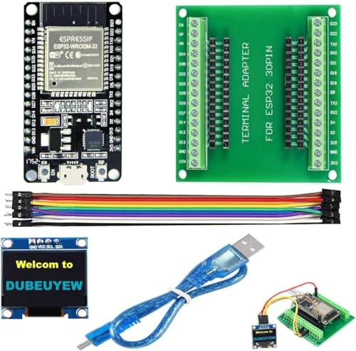 DUBEUYEW ESP32-DevKitC- V1 Carte de développement ESP32 Processeur de microcontrôleur Double Mode WiFi + Bluetooth Double cœur 2,4 GHz, avec Une Carte de dérivation+ Un câble Micro USB+ Un écran LED
