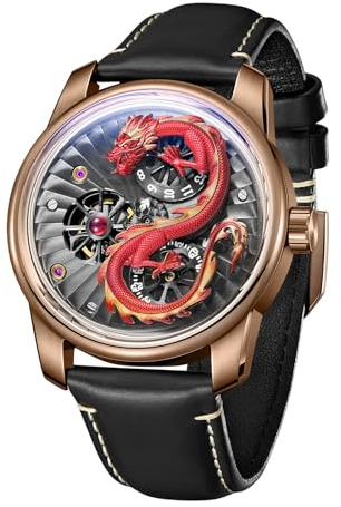 OBLVLO Top-Marke Herren-Armbanduhr mit Drachen-Zifferblatt, Leder, Automatikuhr, leuchtend, wasserdicht, transparent, mechanische Uhr JM-Dragon, Jm-dragon-prbl, Militär