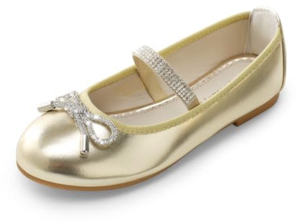 DREAM PAIRS Girls Ballet Flats Slip-on Flower Bow Kids Party Shoes,Size 3 Big Kid,Gold,SDFL2409K