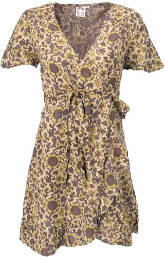 GURU SHOP Minikleid Boho chic, Damen Wickelkleid, Blockprint Sommerkleid | Viskose, fließender Stoff, schwingender Rock, Handdruck, normale Passform, vielseitig kombinierbar.