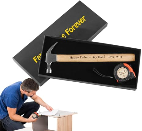Qutalmi Hammer- und Maßband-Set, Hammer mit Gravur „Papa“ - Einzigartiges Maßband - Maßband mit eingraviertem Text, Maßband und Hammer-Werkzeugset, Werkzeugset
