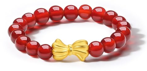 24K Gold Stretch Ringe Rotachat Beaded Glücksbringer Charm Ringe | Edelstein Schmuck für Damen Ehefrauen Mütter Geschenk Geburtstag Jahrestag