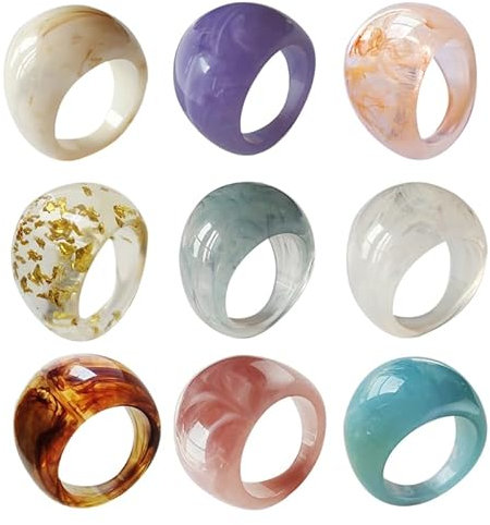 VALICLUD 9-teiliges Ring-Set aus Kunstharz Retro-Ringe klobige Vintage Acryl stapelbar niedlicher Ring, Schmuck, modischer, einzigartiger, Fingerring
