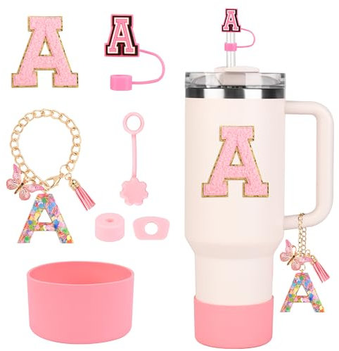 Stanley Cup Accessories Set for Stanley Cup 30oz 40oz, Stanley Tumbler Accessories Including Silicone Straw Cover Cap and Boot, Spill Proof Stopper, Cute Letter Keychain Handle Charm, Sticker (A-Pink)