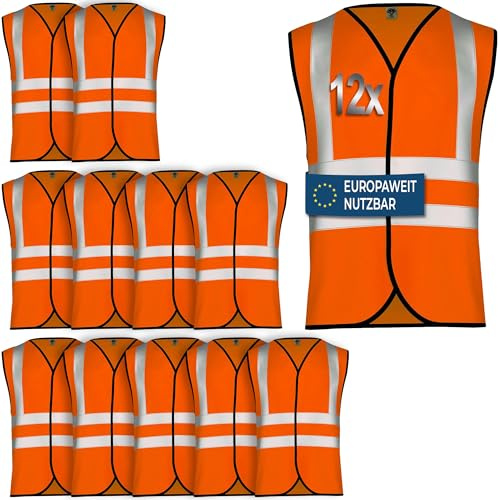 OMKA Warnweste Set – Sicherheitswesten Neonfarben mit 360° Reflexstreifen – Auto Pannenweste für Kinder & Erwachsene mit Klettverschluss (8, Neon Orange, L)