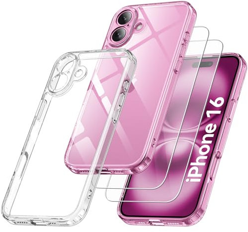 Qasyfanc Camera Cover Case Compatible with iPhone 16 6.1 with 2 Pack Tempered Glass Screen Protector, Non-Yellowing Shockproof Phone Bumper Cover, Hard PC Anti-Scratch Case Clear