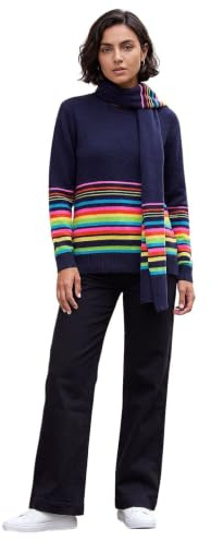 Roman Originals Border Stripe Scarf Knit Jumper for Women UK - Ladies Everyday Autumn Winter Round Neckline Comfy Soft Evening Vacation Work Party Night Out