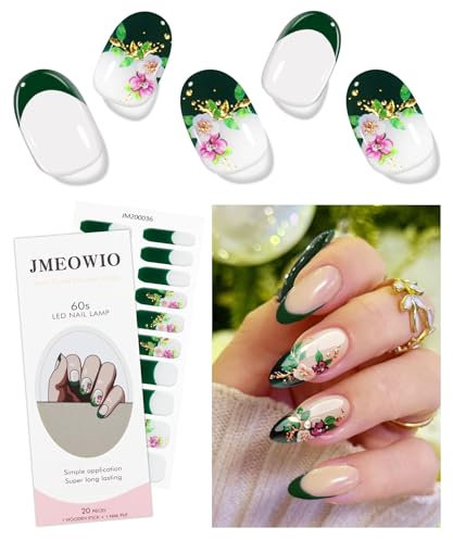 JMEOWIO Gel Nail Stickers Green French Tip Flower Semi Cured Gel Nail Strips Wraps UV/LED Nails Art Design Decoration Accessories