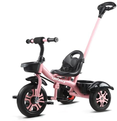Lyefancy Kids Tricycle for 2-5 Years Old, Kids Trike with Basket and Removable Pedal, Toddler Tricycle 3 Wheel Bike Children Riding on Toys, for Boys Girls (Pink with Push Handle)